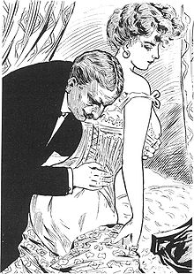 Illustration from 1906 depicting a physician who has placed a Laennec wooden stethoscope between his left ear and the corseted patient's back to ausculate. Physician auscultating.JPG