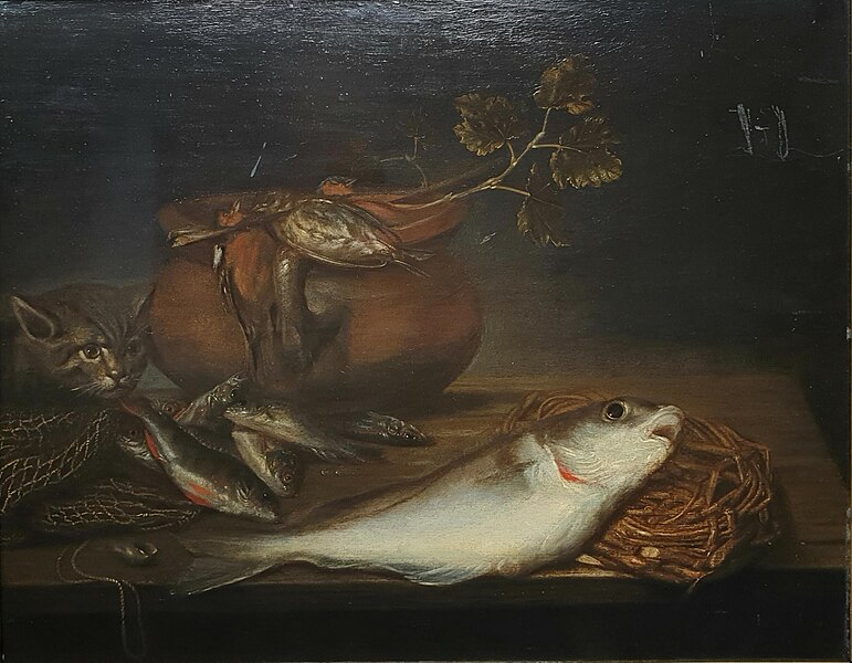 File:Pieter van Schaeyenborg - Still life with fish, birds and a cat.jpg