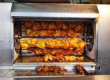 Rotisserie chicken (pollo rostizado) cooking at a take-out shop in the Obrera neighborhood of Mexico City