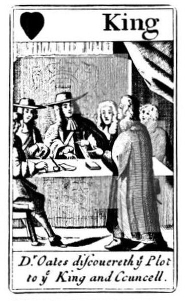 Oates reveals the plot to the King; one of a set of playing cards depicting the Plot by Francis Barlow, c. 1679