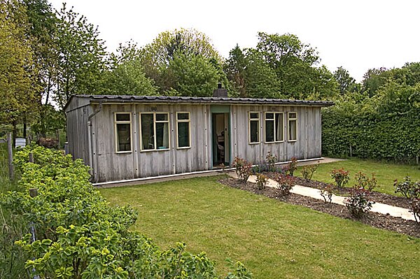 Prefabricated post-war home at Chiltern Open Air Museum - Universal House, Mark 3, steel frame clad with corrugated asbestos cement