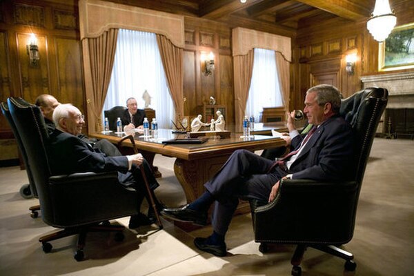 George W. Bush (right) meets with the LDS Church First Presidency in August 2006 in the Church Administration Building. Seated clockwise are: Gordon B