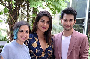 Bose, Chopra Jonas and Rohit Suresh Saraf at the film's promotional event in Delhi Priyanka Chopra with Shonali Bose and Rohit Saraf.jpg