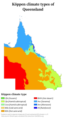 Koppen climate types in Queensland Queensland Koppen.svg