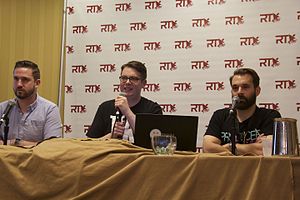 Kinda Funny founders (from left) Tim Gettys, Greg Miller, and Nick Scarpino at RTX in 2015 RTX 2015 - Kinda Funny panel (20419470966).jpg