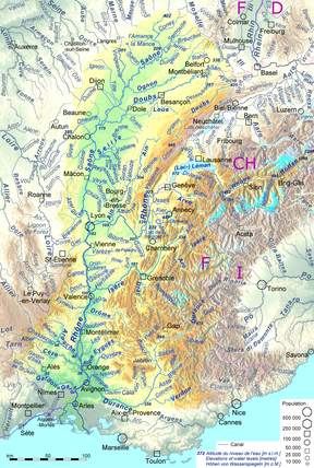 Kaart van die Rhône-bekken in Frankryk.