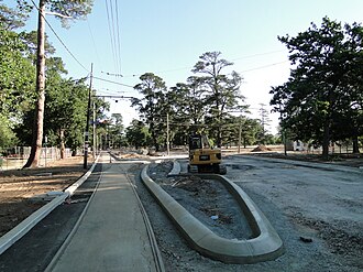 Roadworks in Ballarat, Victoria, to realign road and tram track crossing. Roadwork and tram track.JPG