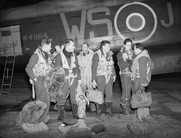 A No. 9 Squadron aircrew shortly after returning from a raid in January 1944.