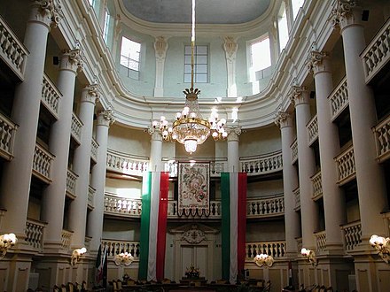 The 18th century Sala del Tricolore, which later became the council chamber of the town hall of Reggio Emilia, where the tricolour flag was officially adopted by the Cispadane Republic