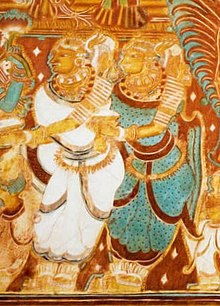 Women dressed in two-piece Kasavu sari, scene from Kerala Mural, 1730 CE. Scene from Gajendra Moksha Mural in Krishnapuram, 1730 CE.jpg