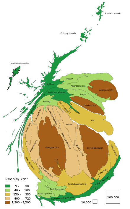 Scotland population cartogram. The size of councils is in proportion to their population.