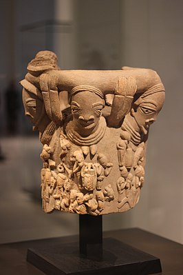 Nok artwork; 5th century BC – 5th century AD; length: 50 cm (19.6 in.), height: 54 cm (21.2 in.), width: 50 cm (19.6 in.); terracotta; Musée du quai Branly. As in most African art styles, the Nok style focuses mainly on people, rarely on animals. All of the Nok statues are very stylized and similar in that they have arched eyebrows with triangular eyes and perforated pupils.