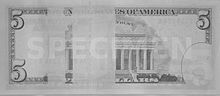 The reverse of the United States five-dollar bill has two rectangular strips that are blanked out when viewed in the infrared spectrum, as seen in this image taken by an infrared camera. Series 2009 Five Dollar Bill in Infrared.jpg