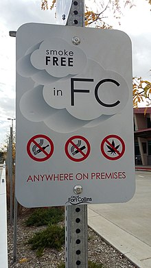Sign at the South Transit Center in Fort Collins, informing patrons that vaping, tobacco smoking, and cannabis smoking are prohibited Smoke Free in FC, Anywhere on Premises sign, STC.jpg