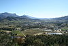 The Franschhoek valley with the town of Franschhoek nestled between the mountains.