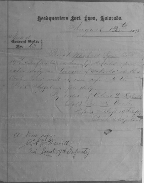 File:Special Order No. 13 detailing Michael W. Pyne of Company E, 19th Infantry, as overseer of schools for Fort Lyon, Colorado on (e904b165d24442b8b2282f727c579d46).tif