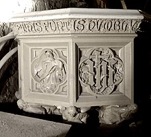 Mawer's dismantled font in the basement of St Mark's St Mark Woodhouse font (10).JPG