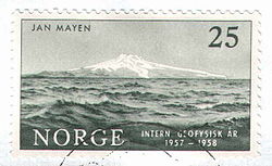 Вулкан Беренберг на острове Ян-Майен. Почтовая марка Норвегии (1957)