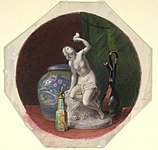 Circular watercolour still life with a small marble sculpture of a seated female, before an urn and a ewer or jug, c. 1830–1876.