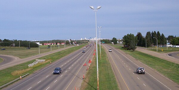 Downtown and Stony Plain Road looking east from Winterburn Road.