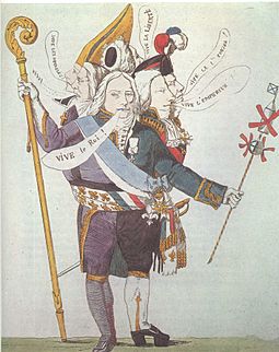 Charles Maurice de Talleyrand-Perigord, who served under several regimes, depicted "floating with the tide". Note the high heel of his left shoe, alluding both to his limp and the Devil's hoof. Talleyrand floatingwiththetide0001.jpg