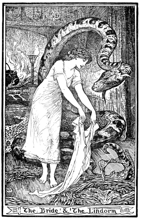 black and white full page illustration of a young woman wearing many layers of chemises (underdresses) laying a chemise that she has just taken off on a large shed snake skin while an enormous snake cranes it's head down to look at her. The snake has an somewhat dragon-like head with a distinct snout and two small horns on the back of its head. In the background is a fireplace with a cauldron over it with large scrubbing brushes in front of it. Their is a leopard-skin rug in the ground. Apart from the fire the room is dim.