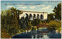 A 20th-century postcard featuring the Thomas Taggart Memorial. Thomas Taggart Memorial, Riverside Park, Indianapolis, Indiana (63604).jpg