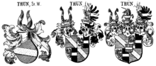 The family's original, baronial and comital arms (from left to right) Thun-Hohenstein-St-Frhr-Gf-Wappen Sm.png