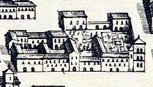 The Musso-Isnardi palace in the Theatrum map. Notice at the corner the imposing three-story tower and the small turret to the side, inside some courtyards with gardens bordered by service buildings Torre e Palazzo Musso Isnardi.jpg