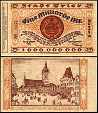 Billet d'un milliard de marks à Trèves, en Allemagne, en 1923. Artiste : Fritz Quant.