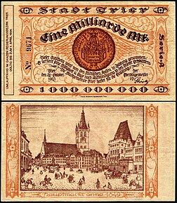 Cédula de um bilhão de marcos, Notgeld, desenhada por Fritz Quant (assinada “Quant”) e emitida em 1923 pela cidade de Tréveris, Alemanha. O verso mostra o mercado principal (“Hauptmarkt”) de Tréveris. (definição 3 563 × 3 563)