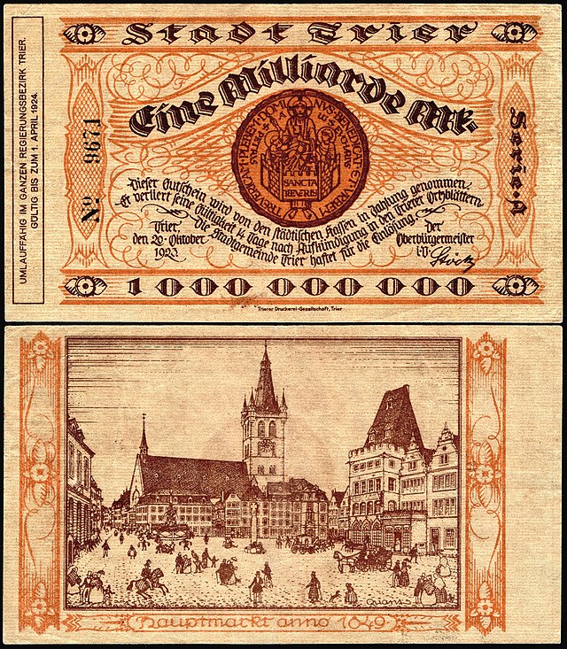 Банкнота-нотгельд в 1 миллиард марок работы Фрица Кванта, выпущенная в этот день 100 лет назад в Трире. На реверсе изображена главная рыночная площадь