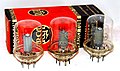 Trio Of 826 Transmitting Triode Vacuum Tubes, RCA (Left) and Ken Rad (Middle & Right), Made In USA (36229884105).jpg