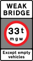 Vehicles exceeding a gross weight of 33 t prohibited from crossing the bridge or structure. The exception plate is optional, but this is the only exception permitted.