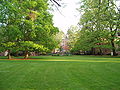 View of the Women's Memorial Quad looking south, on the University of Oregon campus in Eugene, Oregon. Gerlinger Hall is straight ahead, with Hendricks (right) and Susan Campbell Halls (the old women's dorms) flanking the Pioneer Mother statue.