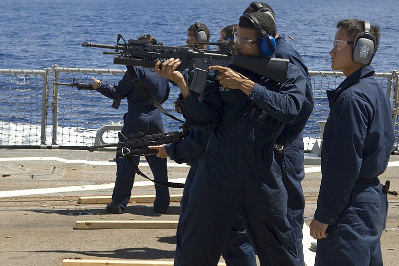 File:US Navy 090825-N-9123L-122 Seaman Michael Dokter fires an M-16 rifle as Fire Controlman 2nd Class Chaung Pha acts as his spotter during small arms qualifications aboard the guided-missile destroyer USS McCampbell (DDG 85).jpg