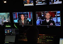 Several simultaneous NBC News broadcasts (including MSNBC, NBC's Today and CNBC's Squawk Box) displayed on monitors US Navy 111111-N-FC670-041 CNO, Adm. Jonathan Greenert is interviewed on the MSNBC News network.jpg