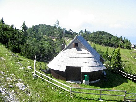A post-World War II dwelling at the Big Pasture Plateau, Slovenia, designed by the architect Vlasto Kopač and based on the vernacular architecture of this mountainous area.