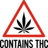 A symbol featuring a black cannabis leaf inside a red rounded triangle with "Contains THC" in black lettering below