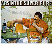 Affiche dessinée, un homme assis à une table se prépare un Pernod