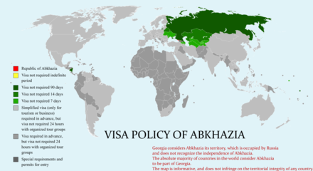 A map showing the visa requirements of Abkhazia, with countries in green having visa-free access