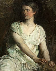 Abbott Thayer. Young Woman (Bessie Price), circa 1897-1898. Oil on canvas, 25
.mw-parser-output .frac{white-space:nowrap}.mw-parser-output .frac .num,.mw-parser-output .frac .den{font-size:80%;line-height:0;vertical-align:super}.mw-parser-output .frac .den{vertical-align:sub}.mw-parser-output .sr-only{border:0;clip:rect(0,0,0,0);clip-path:polygon(0px 0px,0px 0px,0px 0px);height:1px;margin:-1px;overflow:hidden;padding:0;position:absolute;width:1px}
1/2 x 19
5/8 inches. Hunter Museum of American Art. Another figure for which Bessie Price posed, closely related to Young Woman in the Metropolitan Museum of Art. WLA hmaa Abbott Thayer Young Woman Bessie Price.jpg
