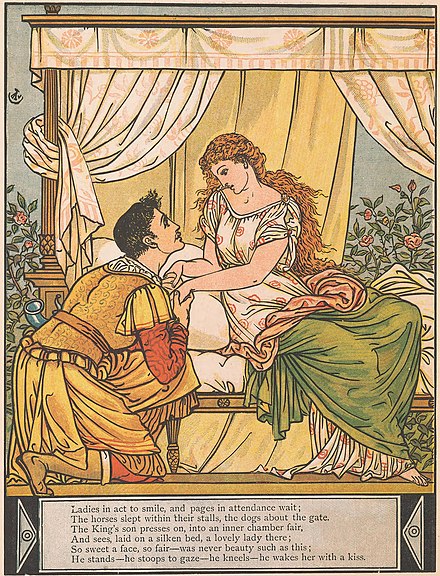 Stories such as "Sleeping Beauty", shown here in a Walter Crane illustration, had been previously published and were rewritten by the Brothers Grimm[15]