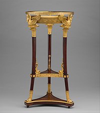 Washstand (athénienne or lavabo); 1800–1814; legs, base and shelf of yew wood, gilt-bronze mounts, iron plate beneath shelf; height: 92.4 cm, width: 49.5 cm; Metropolitan Museum of Art