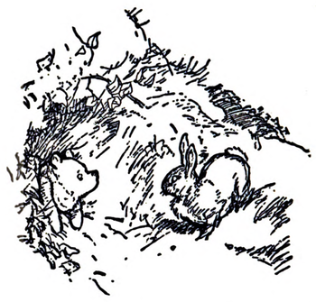 Winnie-the-Pooh's head sticking out of a hole, as Rabbit looks at him