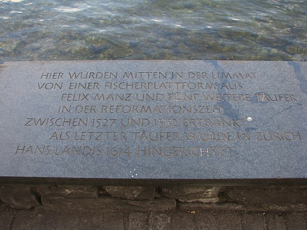 Memorial plate at Schipfe for Felix Manz and other anabaptists murdered by the Zürich city government