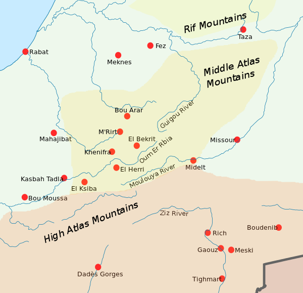 A map showing locations central to the Zaian War in the Middle and High Atlas Mountains of Morocco