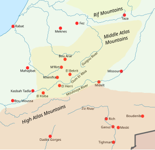 Une carte représentant les différentes villes principalement impliquées dans les guerres Zaïan au moyen et Haut Atlas.