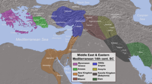 Eastern Mediterranean and the Middle East during the 14th century BC; Mycenaean Greece in purple 14 century BC Eastern Mediterranean and the Middle East.png