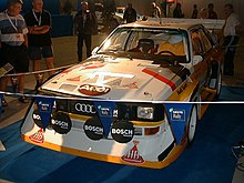 The Audi Quattro S1 used by Hannu Mikkola during tests for the 1985 rally 1985 Audi Sport Quattro S1.jpg